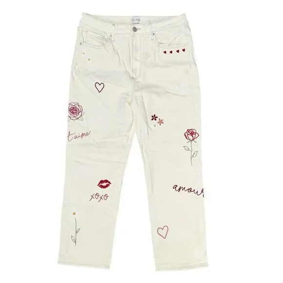 Driftwood Royce Straight Leg Jeans Love Notes Embroidered Hearts Roses Sz 29 - Picture 1 of 10